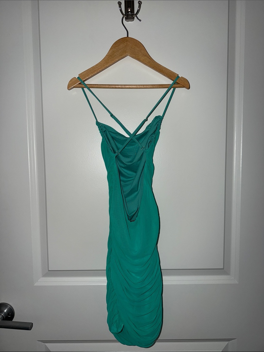 Oh Polly Green Ruched Spaghetti Strap Open Back Mini Dress - Picture 2 of 3